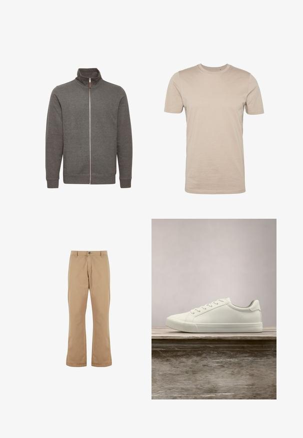 Grijze zip-up jas met hoge kraag, voorzien van zijzakken en ribbelmanchetten. Gemaakt van zachte stof, met een schoon, minimalistisch ontwerp.; Beige katoenen t-shirt, korte mouwen, ronde hals, gladde textuur, naadloos ontwerp, lichtgewicht stof, geen zichtbare logo's of patronen.; Beige katoenen broek met een rechte snit, voorzien van een knoopsluiting, zijzakken en een gladde textuur.; Witte vetersneaker die boven een houten bank zweeft met groene bladeren op de achtergrond, waarbij het ontwerp en de textuur van de schoen worden getoond.