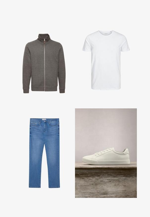 Grijze zip-up jas met hoge kraag, voorzien van zijzakken en ribbelmanchetten. Gemaakt van zachte stof, met een schoon, minimalistisch ontwerp.; Ronde hals kortemouwen t-shirt in effen wit, gemaakt van zachte katoen, heeft een eenvoudig ontwerp zonder zichtbare patronen of accenten.; Lichtblauwe spijkerbroek met een rechte pijp, vijf zakken, subtiele vervaging en metalen accenten op de taille en zakken.; Witte vetersneaker die boven een houten bank zweeft met groene bladeren op de achtergrond, waarbij het ontwerp en de textuur van de schoen worden getoond.