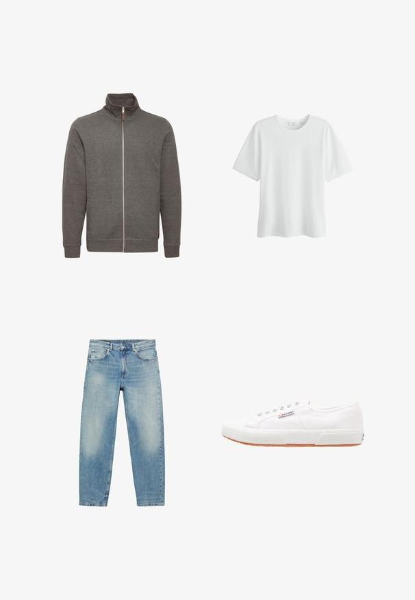 Grijze zip-up jas met hoge kraag, voorzien van zijzakken en ribbelmanchetten. Gemaakt van zachte stof, met een schoon, minimalistisch ontwerp.; Effen wit T-shirt met korte mouwen en ronde hals, maat medium, weergegeven op een witte achtergrond.; Jeans met rechte pijpen van blauwe denim, met voorzakken en riemlussen, met lichte vervaagde details op dijen en knieën.; Witte canvas sneakers met een rubberen zool, vetersluiting en een klein logolabel aan de zijkant. Gewreven wit bovenwerk en een bruine zool.