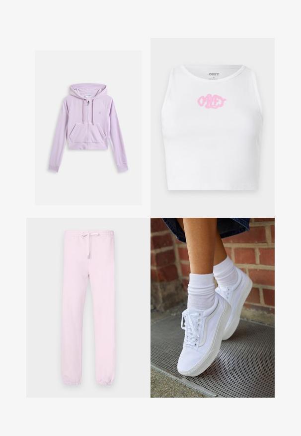 Kort lavendel hoodie met een rits aan de voorkant, kangoeroezak en een capuchon met trekkoord. Bevat een geborduurd logo op de borst. Zachte stoftextuur.; Witte geribde cropped top met een roze "OBEY" logo in het midden. Ontworpen met een ronde halslijn en zonder mouwen.; Lichtroze joggingbroek met elastische tailleband en verstelbare trekkoord. De boorden zijn geregen voor een nauwsluitende pasvorm. Zachte stoftextuur.; Witte canvas sneakers met rubberen zolen, voorzien van zes vetertjes, een ronde neus en lichte stikdetails, gecombineerd met witte enkelsokken.