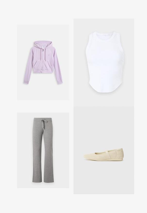 Afskåret lavendel hoodie med frontlynlås, kengurulomme og snor i hætten. Har broderet logo på brystet. Blød stoftekstur.; Good American MICRO TANK - Top - white; Grå sweatpants i bomuldsblanding med vid benform, elastisk talje og justerbar snøre. Blød tekstur, glat finish, uden mønster.; Lysebrune ballet flats med en glat læderoverflade, mandelformet tå og elastisk rem over vristen, med diskrete syninger.