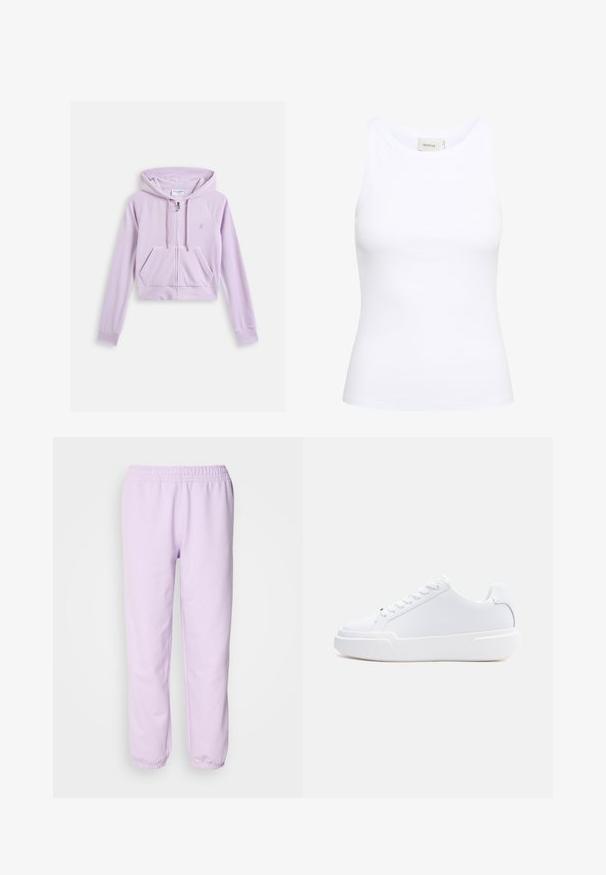 Afskåret lavendel hoodie med frontlynlås, kengurulomme og snor i hætten. Har broderet logo på brystet. Blød stoftekstur.; Hvid ribbet tanktop med rund halsudskæring og uden ærmer. Strækbart stof og tætsiddende design. Etiketten bagpå viser "GESTUZ."; Lys lilla sweatpants lavet af blødt stof, med elastisk talje og elastiske manchetter ved anklerne. Enkel design, ingen mønstre.; Hvid lavtop-sneaker med snørelukning, tyk sål og glat overdel, vist fra ydersiden mod en ensartet lys baggrund.