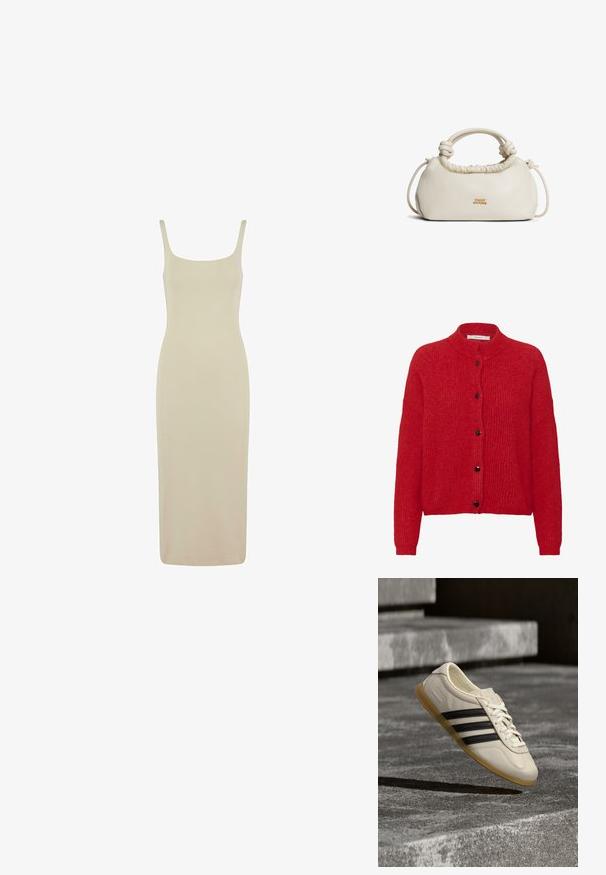 Cardigan en maille rouge à manches longues, col côtelé et cinq boutons noirs sur le devant.; Robe sans manches de longueur midi en beige clair. Présente un décolleté carré, une silhouette ajustée et une texture de tissu lisse.; Baskets blanches avec des bandes noires et une semelle en gomme flottant au-dessus d’escaliers en béton dans une lumière douce du jour.; Sac à main en cuir doux couleur crème avec une poignée nouée et un petit logo doré « Tommy Hilfiger » au centre à l'avant.