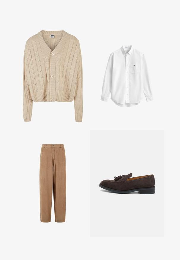 Cardigan crème en tricot torsadé avec un col en V, des manches longues, une fermeture à cinq boutons et un ourlet côtelé. Il présente un motif texturé sur l'ensemble.; Chemise blanche à manches longues boutonnée avec col et poche poitrine présentant un petit logo brodé.; Pantalon en velours côtelé marron clair au design droit, doté d'une fermeture à bouton et de poches latérales, surface texturée en côtes.; Paul Smith LAWSON - Chaussons - brown