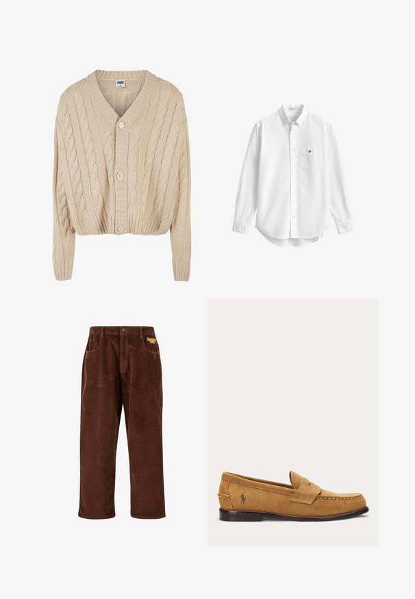 Cardigan crème en tricot torsadé avec un col en V, des manches longues, une fermeture à cinq boutons et un ourlet côtelé. Il présente un motif texturé sur l'ensemble.; Chemise blanche à manches longues boutonnée avec col et poche poitrine présentant un petit logo brodé.; Pantalons en velours côtelé marron avec une texture ribbed, jambes droites, poches avant et un logo brodé jaune près de la taille.; Mocassin en daim fauve avec détails cousus et petit logo brodé de cheval sur le côté, avec un petit talon en bois et design sans lacets.
