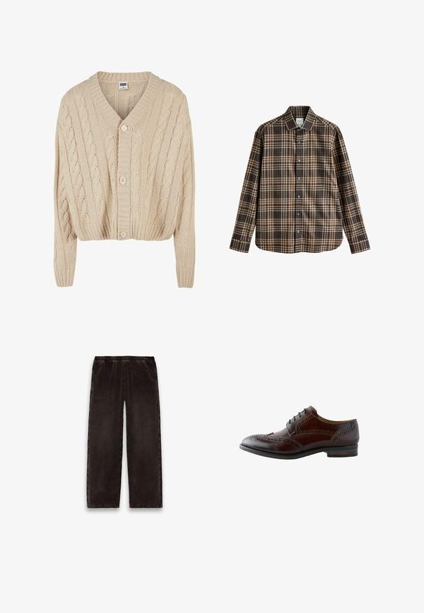 Crème kabelgebreide cardigan met V-hals, lange mouwen, vijfknopen sluiting en geribbelde zoom. Heeft een gestructureerd patroon door het geheel.; Bruin en beige geruite overhemden met een kraag, lange mouwen en knoopsluiting. Bevat afwisselend dikke en dunne strepen in een gestructureerde stof.; Donkerbruine ribfluwelen broek met elastische tailleband en rechte pijpen, plat uitgestald op een witte achtergrond.; Bruine leren herenschoen met wingtip brogue-details en zwarte veters, van de zijkant getoond op een witte achtergrond.