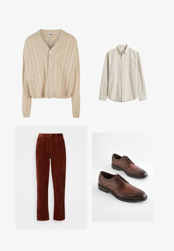 Crème kabelgebreide cardigan met V-hals, lange mouwen, vijfknopen sluiting en geribbelde zoom. Heeft een gestructureerd patroon door het geheel.; Beige-wit verticaal gestreept overhemd met lange mouwen, kraag en borstzak, plat neergelegd zonder persoon.; Katoenen corduroy broek in een rijke bruine kleur; heeft een geplooide voorkant, rechte pijpen en een knoopsluiting bij de taille.; Bruine leren brogue nette schoenen met geperforeerde details en zwarte zolen, naast elkaar weergegeven op een witte achtergrond.
