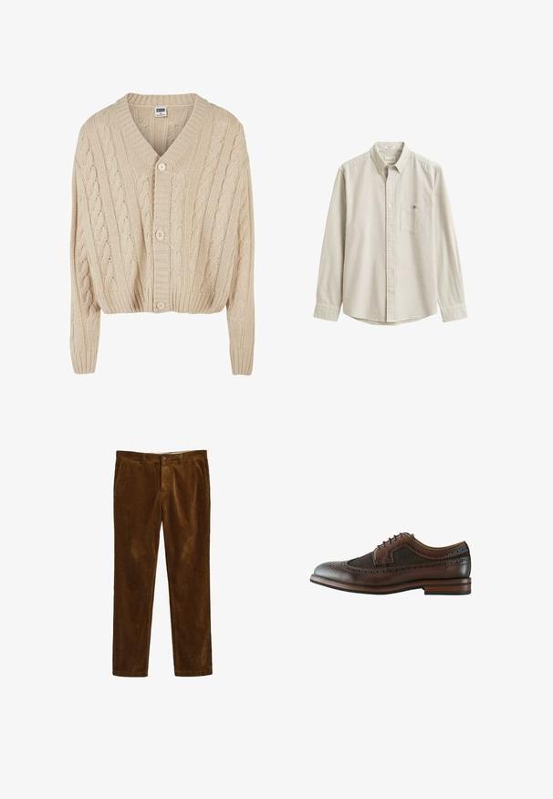 Cremefarvet kabelstrikket cardigan med V-hals, lange ærmer, fem-knaps lukning og ribbet kant. Har et struktureret mønster overalt.; Beige og hvid lodretstribet langærmet skjorte med krave og brystlomme, vist fladt uden person.; Brune corduroy bukser med et lige ben-design, der har en frontlukning med knap og to sidelommer. Tekstiler med ribbet mønster.; Mørkebrun læder wingtip brogue sko med dekorative perforeringer, snørelukning og træsål med lagdelt hæl.