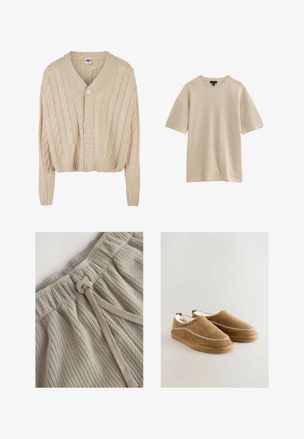 Cremfarbener Strickcardigan mit V-Ausschnitt, langen Ärmeln, fünf Knöpfen und geripptem Saum. Verfügt über ein strukturiertes Muster im gesamten Design.; Beige geripptes Strick-T-Shirt mit kurzen Ärmeln, Rundhalsausschnitt und lockerem Sitz, vor weißem Hintergrund dargestellt.; Kaki Baumwollshorts mit strukturiertem Rippenmuster. Verfügt über einen elastischen Bund und eine Stoffbindung zur Anpassung. Weiches, plüschiges Material.; Beige Wildleder Slipper mit weichem Kunstfellfutter, dekorativen weißen Nähten an den Seiten und rutschfesten Gummisohlen.