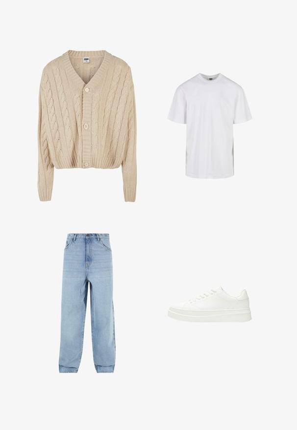 Crème kabelgebreide cardigan met V-hals, lange mouwen, vijfknopen sluiting en geribbelde zoom. Heeft een gestructureerd patroon door het geheel.; Eenvoudig wit T-shirt met korte mouwen en ronde hals, met een losse pasvorm, afgebeeld tegen een witte achtergrond.; Lichtblauwe denim jeans met een losse pasvorm, hoge taille en vijf zakken. Voorzien van riemlussen en een knoopsluiting. Glad textuur.; Witte sneaker met een glad leren bovenwerk, platte veters en een dikke rubberen zool. Minimalistisch ontwerp met subtiele stiksel en naadloze accenten.