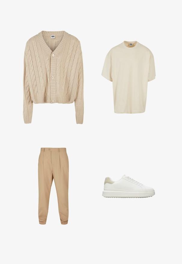 Cardigan crème en tricot torsadé avec un col en V, des manches longues, une fermeture à cinq boutons et un ourlet côtelé. Il présente un motif texturé sur l'ensemble.; T-shirt à manches courtes de couleur crème avec une coupe décontractée et un col rond ; fabriqué en coton doux, présentant de subtils détails de couture.; Pantalons beiges ajustés avec des plis, fermeture à bouton, passants de ceinture et jambes fuselées sur fond blanc.; Baskets blanches en cuir lisse avec un accent beige texturé au talon, dotées de lacets ronds, d'un design profil bas et d'une semelle extérieure en caoutchouc.