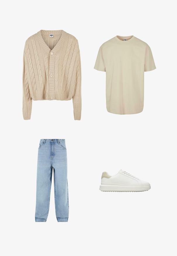 Cardigan crème en tricot torsadé avec un col en V, des manches longues, une fermeture à cinq boutons et un ourlet côtelé. Il présente un motif texturé sur l'ensemble.; T-shirt à manches courtes en coton beige clair avec un col rond, présentant une coupe décontractée et une texture lisse, sans motifs ni accents visibles.; Jeans en denim bleu clair avec une coupe ample, taille haute et cinq poches. Dotés de passants de ceinture et d'une fermeture à bouton. Texture douce.; Baskets blanches en cuir lisse avec un accent beige texturé au talon, dotées de lacets ronds, d'un design profil bas et d'une semelle extérieure en caoutchouc.