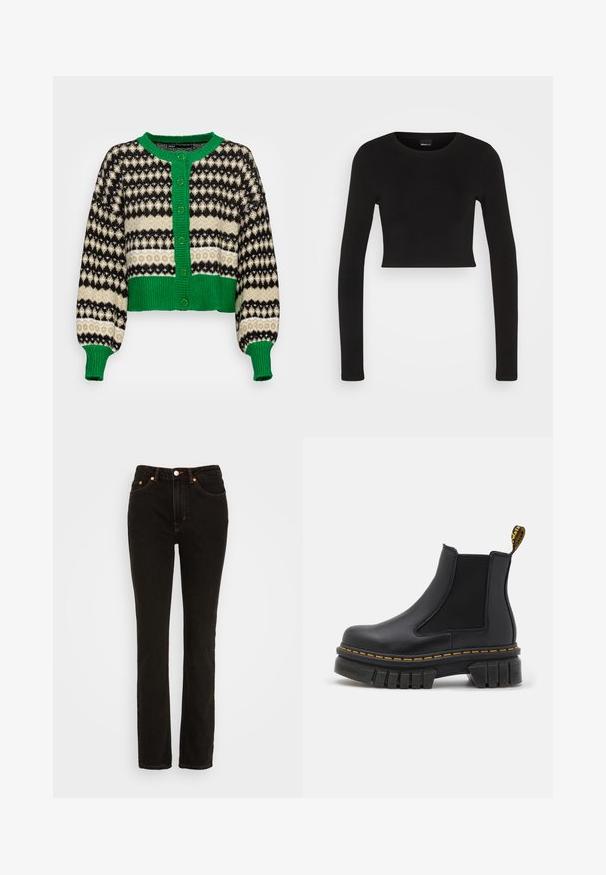 ONLY ONLMADEA - Ζακέτα - green bee pattern/slate green/black; Gina Tricot LONGSLEEVE - Μπλούζα με μακριά μανίκια - black; Weekday CITY HIGH SLIM - Slim fit jeans - black ink; Μαύρη ankle boot Chelsea κατασκευασμένη από δέρμα και ελαστικό. Διαθέτει χοντρή καουτσούκ σόλα, κίτρινη ραφή και θηλιά στο πίσω μέρος.