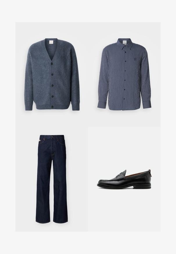 Cardigan en laine grise avec un col en V, des manches longues, cinq boutons noirs sur le devant et une finition douce et texturée.; Chemise bleue marine à boutons avec des rayures verticales blanches, manches longues, col pointu et logo brodé sur la poitrine.; Jean droit en denim bleu foncé avec design à cinq poches et fermeture par boutons, présenté sur un fond clair uni.; Mocassin homme en cuir noir avec couture moc toe, bride penny, col texturé et petit talon empilé sur fond blanc.