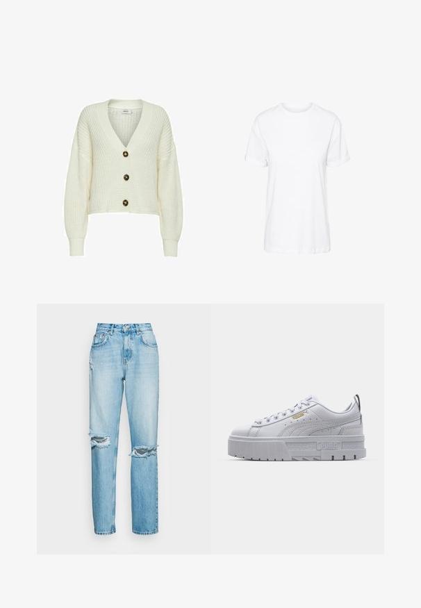 Cardigan tricoté couleur crème avec manches longues, col en V, et trois grands boutons marron sur le devant.; T-shirt en coton blanc avec des manches courtes, un col rond et une coupe décontractée, offrant une texture lisse et sans motifs visibles.; ONLY ONLROBYN DESTROY - Jean boyfriend - light blue dnm; Baskets plateformes blanches avec une tige en cuir lisse, un col rembourré, une semelle en caoutchouc grise et des accents dorés arborant le logo Puma.