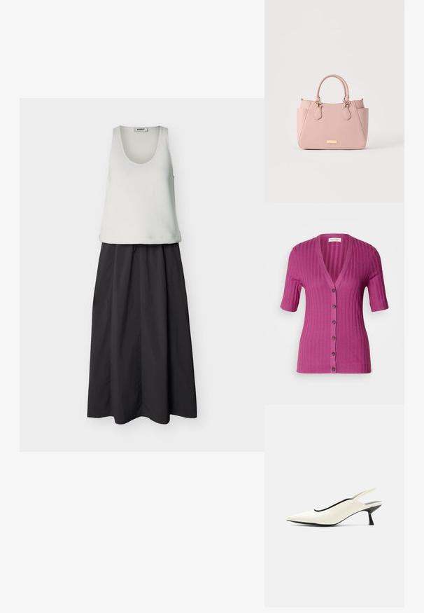 Ribbet, kortærmet cardigan i livlig magenta, med dyb V-hals, seks knaplukninger og kontrastbrune knapper.; Ærmeløs hvid tanktop med rund halsudskæring kombineret med en lang, højtaljet sort nederdel med lette plisseringer.; Cremefarvet spids tå slingback-sko med lav sort kittenhæl og glat læderfinish på hvid baggrund.; Lyserød struktureret håndtaske med to øverste håndtag, sidelommer og en lille guldfarvet mærkeplade foran.