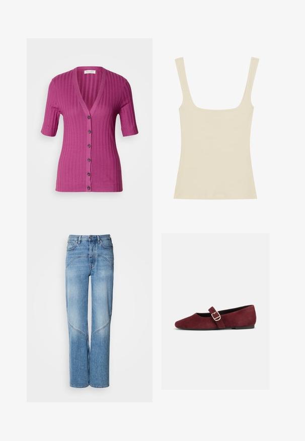 Ribbet, kortærmet cardigan i livlig magenta, med dyb V-hals, seks knaplukninger og kontrastbrune knapper.; Ribbet tanktop i lys beige med firkantet halsudskæring og tynde skulderstropper, lavet af blødt og strækbart stof.; Lyseblå denimjeans har en afslappet pasform, brede ben og buede syninger. Stoffet har en glat tekstur med let falmning.; Flad burgundy ruskind Mary Jane-sko med guldspænde og sort sål, vist fra siden på hvid baggrund.