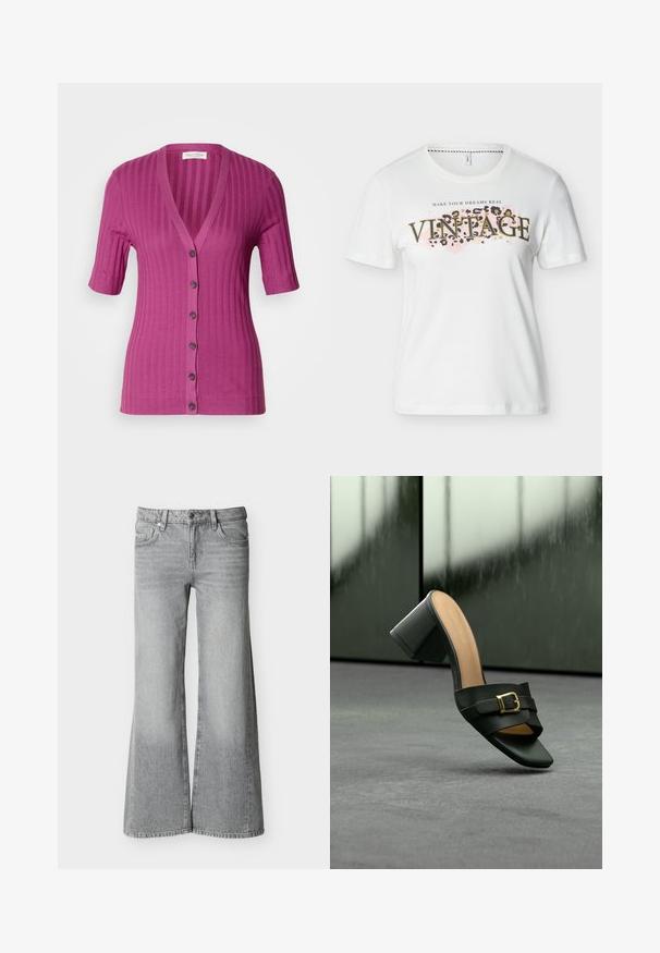Cárdigan corto de manga corta con canalé en un vibrante magenta, con un escote en V profundo, cierre de seis botones y botones en contraste de color marrón.; Camiseta blanca de manga corta con cuello redondo, texto "MAKE YOUR DREAMS REAL" sobre una gran palabra "VINTAGE" con fondo rosa y estampado de leopardo.; Jeans grises de tiro alto y pierna ancha con botón frontal, cierre de cremallera y cinco bolsillos, exhibidos sobre un fondo blanco liso.; Mule de cuero negro con punta abierta, tacón ancho y detalle de hebilla dorada, exhibido sobre una superficie gris con fondo oscuro desenfocado.