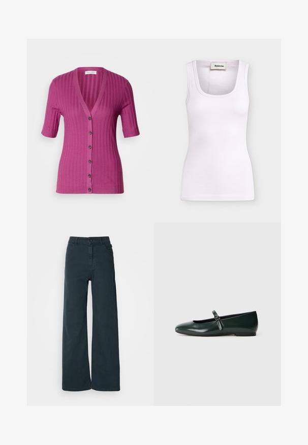 Ribbet, kortærmet cardigan i livlig magenta, med dyb V-hals, seks knaplukninger og kontrastbrune knapper.; Hvid rippet ærmeløs tanktop med rund halsudskæring og Modström-mærke inden i kraven, vist på ensfarvet baggrund.; Bredde bukser i mørkegrå bomuldsblanding med frontknaplukning, bæltestropper og to sidelommer. Glat tekstur med minimal detaljering.; Mørkegrønne patentlæder flade sko med en enkelt tynd rem og en lille sølvspænde, der har en rund tå og lav hæl.