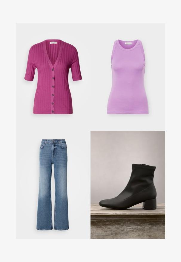 Geribbelde cardigan met korte mouwen in levendig magenta, met een diepe V-hals, zes knopen en contrasterende bruine knopen.; Mouwloos dames tanktop in lavendel met ronde halslijn en nauwsluitend silhouet, gemaakt van gladde stof, getoond op een effen achtergrond.; Mos Mosh MAI - Straight leg jeans - blue wash; Zwarte enkellaars met een gladde, glanzende leren afwerking, een schuine blokhak en een aangesloten, elastische bovenzijde voor een gestroomlijnde uitstraling.