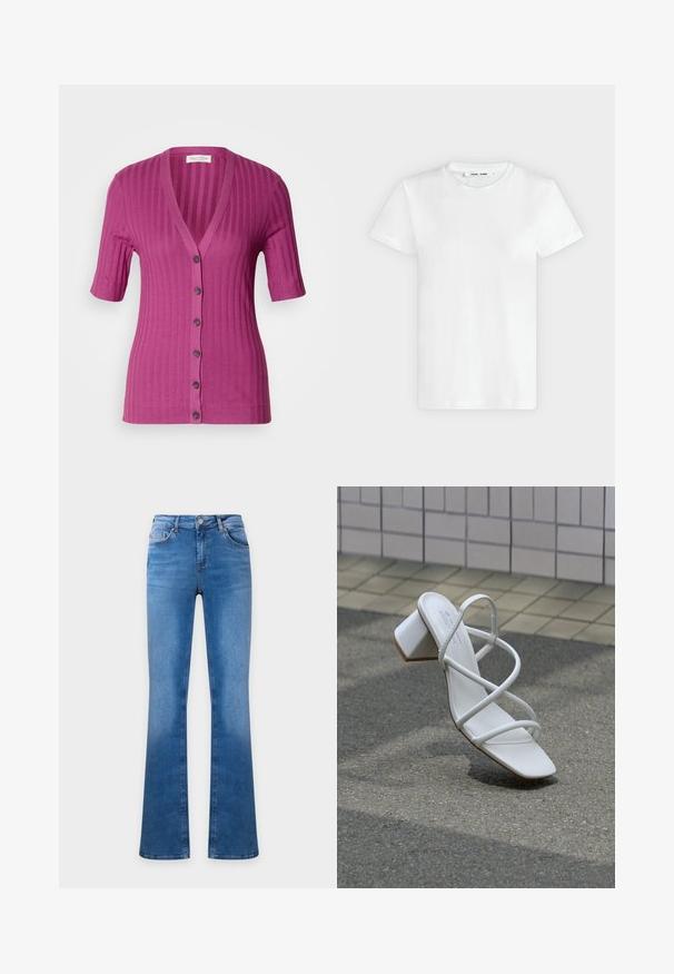 Ribbet, kortærmet cardigan i livlig magenta, med dyb V-hals, seks knaplukninger og kontrastbrune knapper.; En simpel hvid T-shirt med korte ærmer og rund hals lagt fladt på en lys grå baggrund, hvor forsiden med label inde i halsen vises.; Blå denimjeans med høj talje og flared ben, med for- og baglommer samt knaplukning.; Hvid sandal med hæl og stropper, firkantet tå og blokhæl på asfalt ved en væg med fliser.