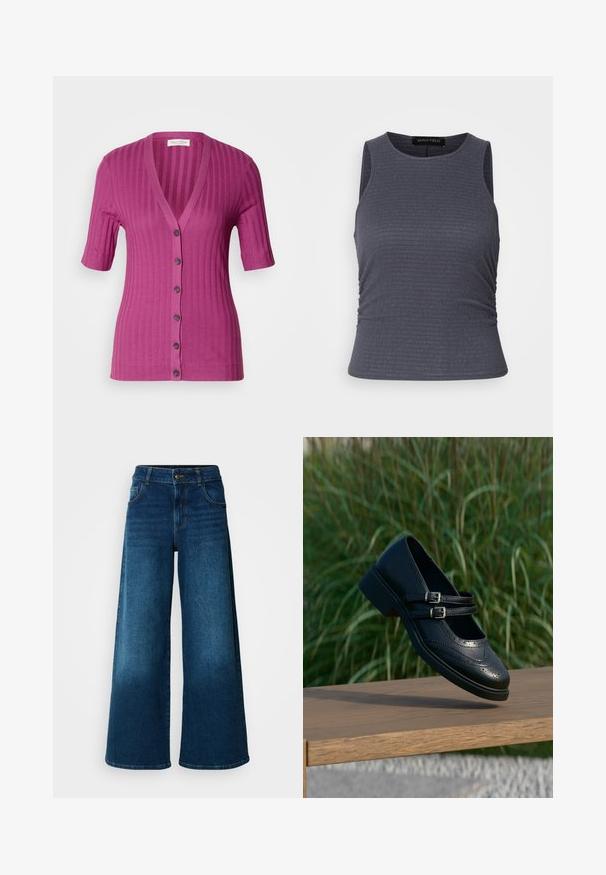 Ribbet, kortærmet cardigan i livlig magenta, med dyb V-hals, seks knaplukninger og kontrastbrune knapper.; Mørkegrå ærmeløs top lavet af tekstureret stof, med en rund neckline og samlinger i siderne for et tætsiddende look.; Viddejeans lavet af mørkeblå denim. Har høj talje, knaplukning og klassisk fem-lomme design med subtile falme.; Sort læder Mary Jane-sko med dobbelte spænder og brogue-detaljer, der svæver over en træbænk med grøn græsbaggrund.