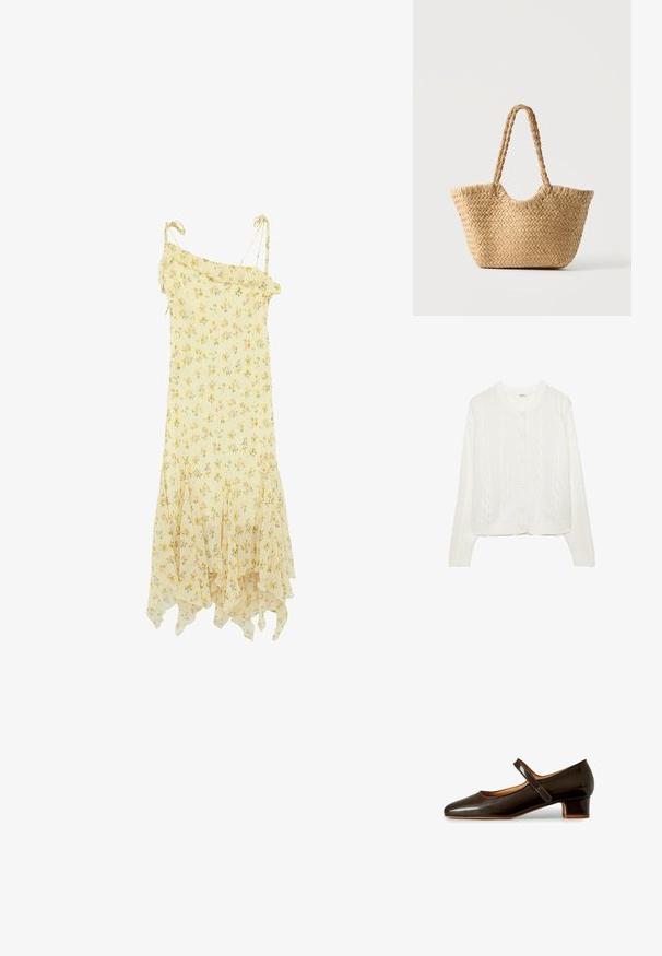 Cardigan blanc tricoté avec un motif en torsades, col rond et fermeture à boutons. Dispose de poignets et d'un ourlet côtelés pour un ajustement confortable. Texture douce.; Robe jaune sans manches avec fines bretelles, motif floral, bord supérieur à volants et ourlet asymétrique en forme de mouchoir.; Chaussure Mary Jane en cuir verni marron foncé avec petit talon bloc et bride unique au niveau du cou-de-pied, présentée sur fond blanc.; Sac cabas en paille tressée avec large base, poignées tressées et couleur beige naturel sur fond blanc uni.