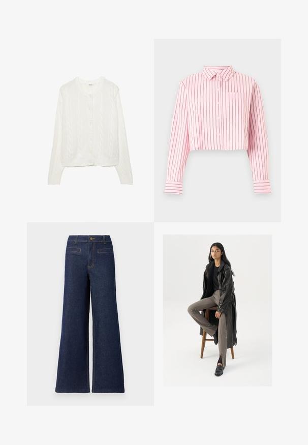 Cardigan blanc tricoté avec un motif en torsades, col rond et fermeture à boutons. Dispose de poignets et d'un ourlet côtelés pour un ajustement confortable. Texture douce.; Chemise rose courte à boutons avec des rayures verticales rose foncé, manches longues, col, poche poitrine avant et poignets rayés.; Pantalons en denim à jambes larges de couleur bleu foncé, avec une taille haute, une fermeture par bouton supérieur et des coutures orange contrastantes. Deux poches arrière visibles.; Manteau trench en cuir noir avec des boutons et une ceinture, associé à un pantalon ajusté marron clair et des mocassins noirs, assis sur un tabouret en bois.