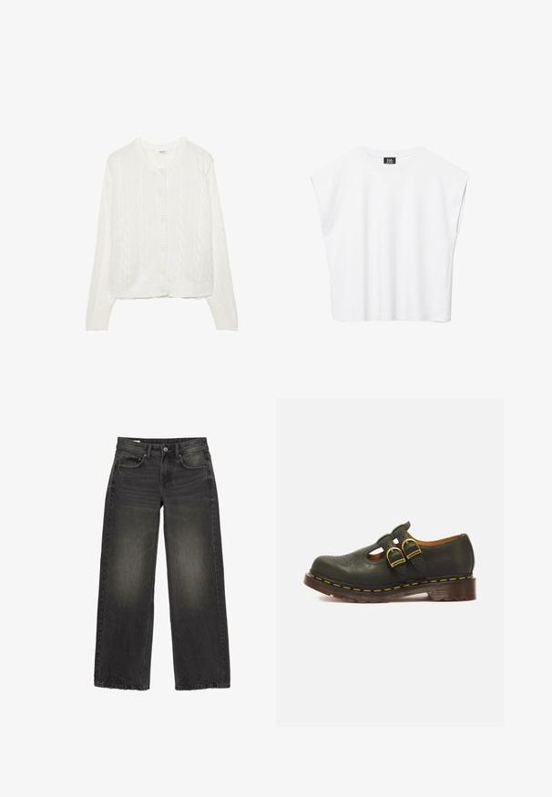 Cardigan blanc tricoté avec un motif en torsades, col rond et fermeture à boutons. Dispose de poignets et d'un ourlet côtelés pour un ajustement confortable. Texture douce.; Haut court blanc sans manches à encolure ronde avec épaules larges et étiquette noire "B6" à l'intérieur du col.; Jean noir à jambes larges avec détails délavés, bouton frontal, fermeture éclair et cinq poches, posé à plat sur fond blanc.; Chaussure style Mary Jane en cuir noir avec double boucle en laiton, détail perforé à l’orteil et semelle épaisse avec coutures jaunes.