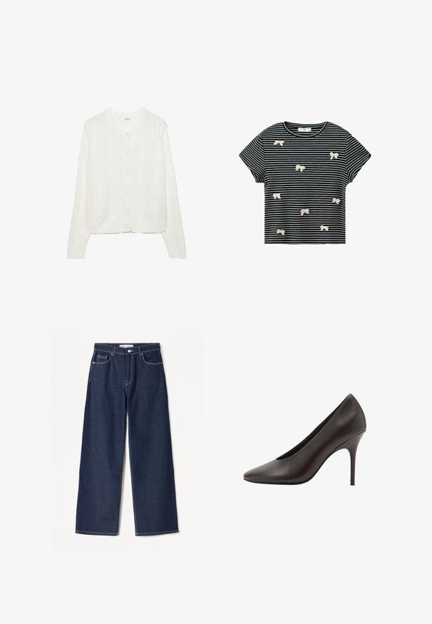 Cardigan blanc tricoté avec un motif en torsades, col rond et fermeture à boutons. Dispose de poignets et d'un ourlet côtelés pour un ajustement confortable. Texture douce.; Chemise à manches courtes rayée noir et blanc avec petites applications de nœuds blancs dispersées sur le devant.; Jean large bleu foncé en tissu denim avec des coutures blanches, doté de deux poches avant et d'une fermeture à boutons classique.; Escarpin noir en cuir à bouts pointus avec un talon aiguille fin et une finition lisse, présenté de côté.