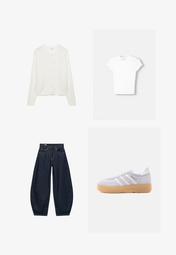Cardigan blanc tricoté avec un motif en torsades, col rond et fermeture à boutons. Dispose de poignets et d'un ourlet côtelés pour un ajustement confortable. Texture douce.; T-shirt blanc à manches courtes en coton doux, avec un col rond et une coupe ajustée. Pas de motifs ni d'ornements visibles.; Jean en denim bleu foncé à jambes larges avec poches avant, passants de ceinture et fermeture par bouton à la taille.; Baskets Adidas en daim blanc avec une semelle en gomme, trois bandes blanches et le texte « Spezial » sur le côté, vues de l'intérieur.