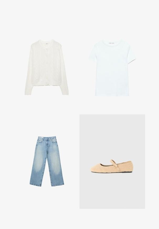 Cardigan blanc tricoté avec un motif en torsades, col rond et fermeture à boutons. Dispose de poignets et d'un ourlet côtelés pour un ajustement confortable. Texture douce.; T-shirt blanc uni en coton à manches courtes, col rond, présenté à plat sur un fond blanc, sans motifs ni logos visibles.; Jean en denim bleu clair à jambes larges avec poches avant et arrière, passants de ceinture, et fermeture par bouton.; Chaussure plate Mary Jane en beige peluche avec bout arrondi, sangle réglable avec boucle circulaire et semelle noire sur fond blanc.