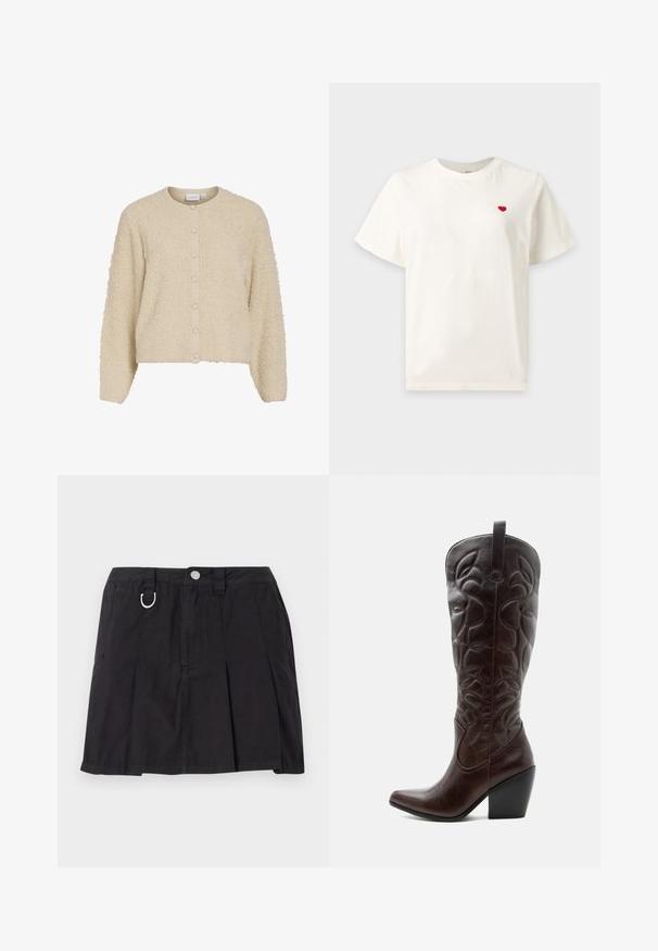 Beige, struktureret cardigan med rund hals og knaplukning, lavet af blødt, fuzzy stof og med ribbede manchetter. Korthofte design.; Simpel hvid T-shirt med korte ærmer med et lille rødt hjerte broderet på venstre bryst.; Sort plisseret nederdel lavet af bomuld, med frontknaplukning, bæltestropper og en D-ring detalje i taljen.; Høj mørkebrun læder cowboystøvle med syede dekorative mønstre, spids tå og stablet blokhæle.