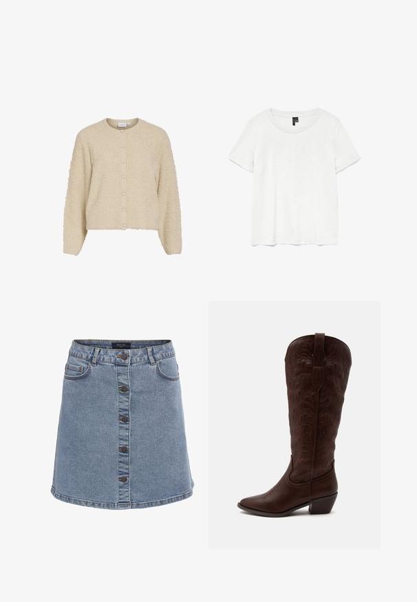 Gilet beige texturé avec un col rond et une fermeture à boutons, fabriqué dans un tissu doux et duveteux avec des poignets côtelés. Design de longueur courte.; T-shirt blanc à manches courtes avec un col rond, fabriqué en tissu léger. Design simple, texture lisse et ourlet droit.; Jupe en denim bleu clair avec une coupe évasée, dotée d'une fermeture à boutons à l'avant, de deux poches latérales et de détails de surpiqûre contrastants.; Botte de cowboy haute en cuir marron avec des coutures détaillées, un bout pointu et un talon bloc sur un fond clair uni.
