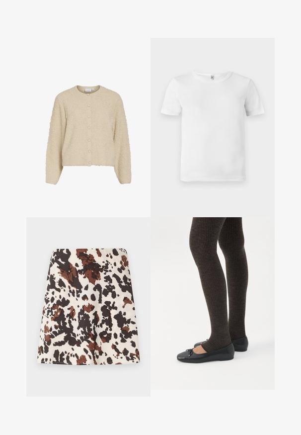 Beige, struktureret cardigan med rund hals og knaplukning, lavet af blødt, fuzzy stof og med ribbede manchetter. Korthofte design.; Hvid kortærmet t-shirt med ribbet tekstur. Klassisk crew neckline, ingen synlige logoer eller mønstre, og et simpelt, rent design.; Kort nederdel med et mønster af køer i creme, brun og sort. Fremstillet af blødt stof; har en lige, tætsiddende design og let stræk.; Ben iført mørke ribbede leggings kombineret med sorte balletsko med små sløjfedetaljer på hvid baggrund.