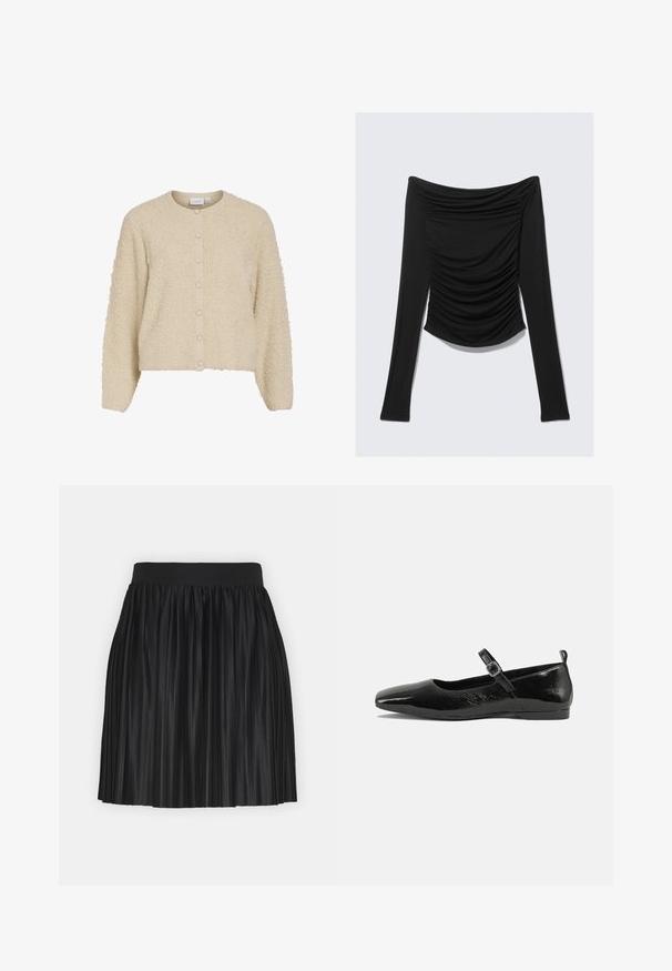 Beige, struktureret cardigan med rund hals og knaplukning, lavet af blødt, fuzzy stof og med ribbede manchetter. Korthofte design.; Sort langærmet off-shoulder top med rynkede detaljer foran og en tætsiddende silhuet mod en ensfarvet baggrund.; Sort plisseret nederdel med en bred elastisk talje. Lavet af et skinnende, let materiale med vertikale folder for tekstur og bevægelse.; Sorte patentlæder flade sko med spidse tæer, en ankelrem med spænde og en glat, blank tekstur. Lav hæl for komfort.
