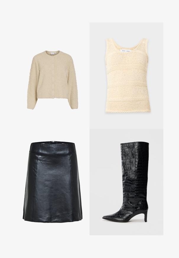 Gilet beige texturé avec un col rond et une fermeture à boutons, fabriqué dans un tissu doux et duveteux avec des poignets côtelés. Design de longueur courte.; Débardeur tricoté sans manches de couleur crème avec un motif à rayures horizontales texturé et un col rond.; Jupe trapèze en cuir noir avec coutures apparentes et léger éclat, avec une taille haute et un ourlet court.; Bottes noires montantes, avec une texture brillante à motif crocodile, bout pointu et talon effilé. Matériau synthétique lisse.
