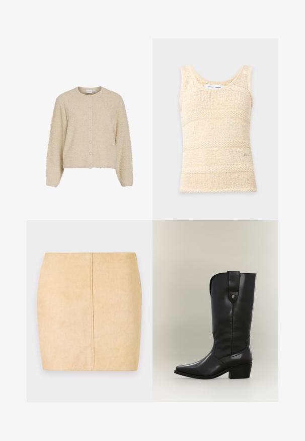 Beige, gebreide cardigan met een ronde hals en knoopsluiting, vervaardigd uit een zachte, donzige stof en met ribgebreide manches. Verkorte lengte.; Gebreide, mouwloze tanktop in crèmekleur met een gestructureerd horizontaal streeppatroon en een ronde halslijn.; Beige suède mini-jurk met een gladde textuur, een aansluitende vorm en centrale naaddetails. Geen zichtbare hardware of versieringen.; Hoge zwarte leren cowboylaars met spitse neus, stevige hak en treklus met een klein gouden logo.