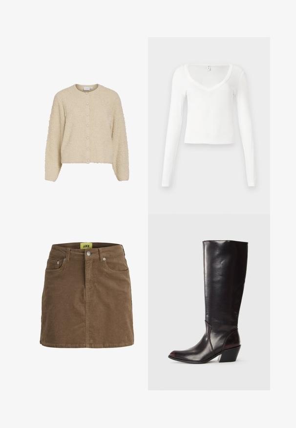 Gilet beige texturé avec un col rond et une fermeture à boutons, fabriqué dans un tissu doux et duveteux avec des poignets côtelés. Design de longueur courte.; Chemise blanche à manches longues, col en V, ajustée et courte, avec une texture de tissu simple et lisse sur un fond neutre.; Mini-jupe en velours côtelé marron avec boutons et fermeture éclair à l'avant, passants pour ceinture et poches avant, avec une étiquette jaune JJXX à l'intérieur de la ceinture.; Botte en cuir brun foncé, à hauteur de genou, avec un bout pointu, un talon bloc angulaire et une texture lisse et brillante. Présente un design épuré et des détails de couture.