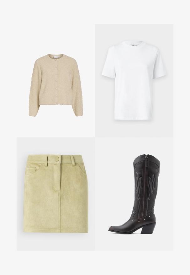 Gilet beige texturé avec un col rond et une fermeture à boutons, fabriqué dans un tissu doux et duveteux avec des poignets côtelés. Design de longueur courte.; T-shirt en coton blanc à col rond, avec des manches courtes et une texture lisse. Conçu avec une coupe décontractée pour plus de confort et de polyvalence.; Jupe mini en daim de couleur vert clair. Dotée d'une taille cintrée, de deux poches avant et d'une fermeture avant avec un bouton rond. Texture douce.; Bottes de cowboy en cuir marron avec surpiqûres en forme de flammes, fermeture éclair latérale, clous argentés, bout pointu et talon superposé.