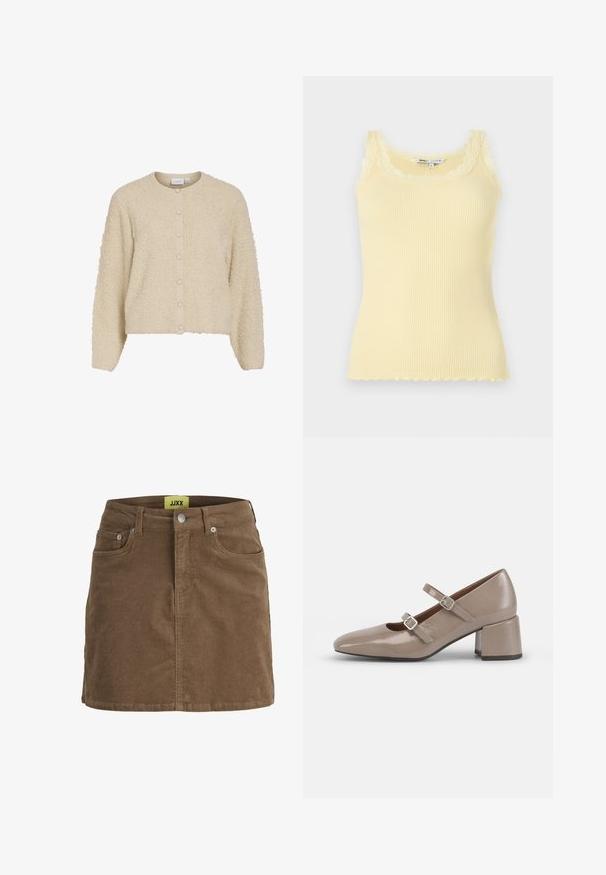 Gilet beige texturé avec un col rond et une fermeture à boutons, fabriqué dans un tissu doux et duveteux avec des poignets côtelés. Design de longueur courte.; Débardeur jaune à côtes, sans manches, avec un décolleté et un ourlet en dentelle festonnée. Texture douce, design ajusté et matériau léger.; Mini-jupe en velours côtelé marron avec boutons et fermeture éclair à l'avant, passants pour ceinture et poches avant, avec une étiquette jaune JJXX à l'intérieur de la ceinture.; Chaussure Mary Jane en cuir verni beige avec un bout pointu, deux sangles ajustables et un talon épais et carré. Texture lisse et matériel minimal.