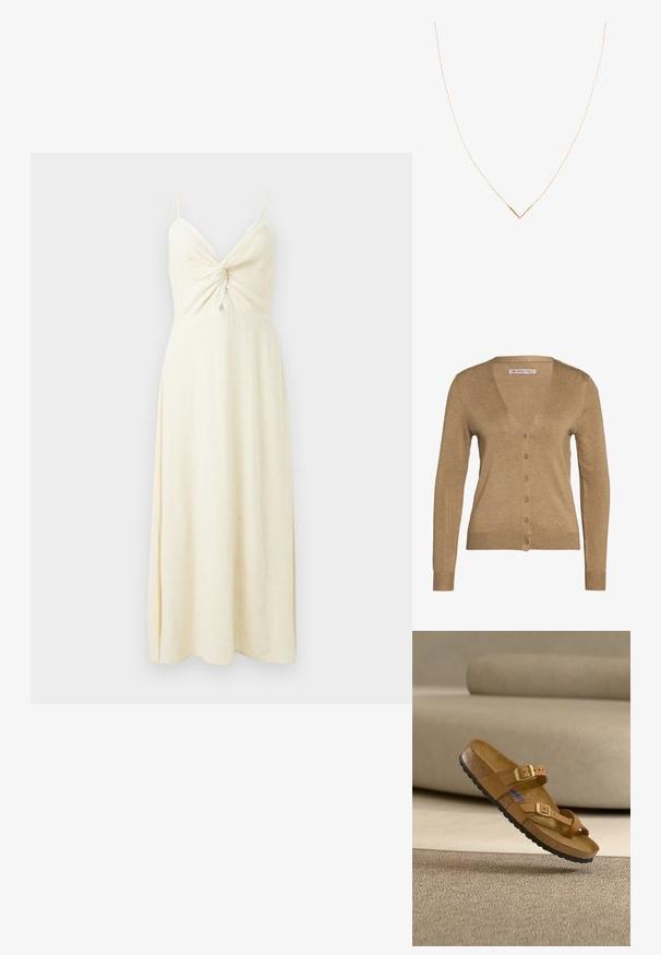 Cardigan marron en tissu doux, avec un col en V, des manches longues et six boutons devant. Design simple avec des poignets et un ourlet à côtes.; Robe maxi sans manches couleur crème avec bretelles spaghetti, détail torsadé à l'avant et bordure en dentelle subtile sur un fond uni.; Sandale marron avec deux brides réglables et boucles dorées, semelle intérieure en liège et semelle extérieure en caoutchouc noir, positionnée au-dessus d’un tapis texturé.; Collier en ton or avec une fine chaîne et un pendentif en forme de V. Design épuré avec une finition lisse et polie et un minimum de détails.