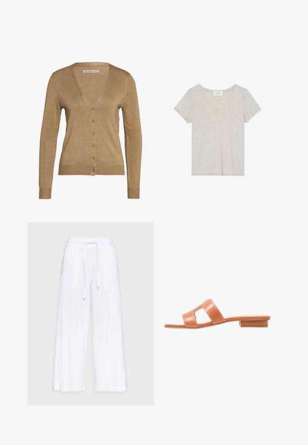 Cardigan marron en tissu doux, avec un col en V, des manches longues et six boutons devant. Design simple avec des poignets et un ourlet à côtes.; T-shirt en coton gris clair à manches courtes et encolure en V, étalé à plat sur fond blanc.; Pantalons en lin blancs à jambes larges avec une taille élastique et un cordon de serrage, texture lisse et coupe ample pour le confort.; Dune London LOUPE LEATHER - Mules - tan