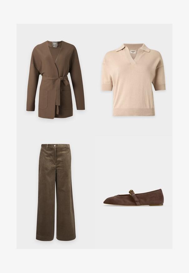Brown ribbed knit cardigan with long sleeves, open front, two pockets, and a tied waist belt.; Beige short-sleeve knit sweater with a ribbed hem and cuffs, open collar, and V-neckline.; Brown corduroy wide-leg pants with vertical ribbing, featuring a front button closure and standard waistband. Smooth texture, casual design.; Brown suede flat shoe with pointed toe and gold buckle strap on side, shown in side profile against white background.