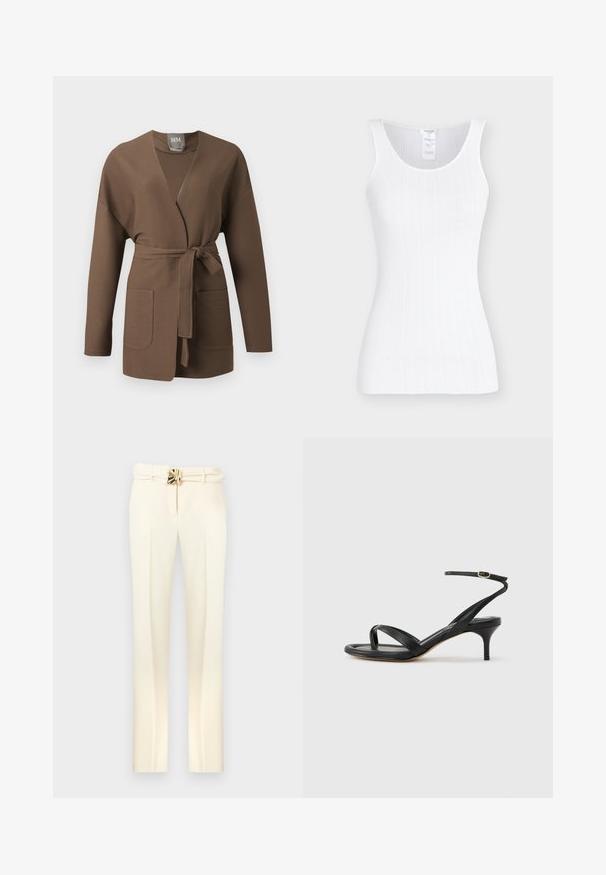 Brown ribbed knit cardigan with long sleeves, open front, two pockets, and a tied waist belt.; White sleeveless ribbed tank top with scoop neckline and fitted silhouette on plain background.; Cream-colored tailored trousers with a belted waist featuring gold-tone hardware, straight legs, and a smooth, soft texture.; Black leather women's sandal with thin straps, a toe loop, ankle buckle, and a mid-height stiletto heel on a neutral background.