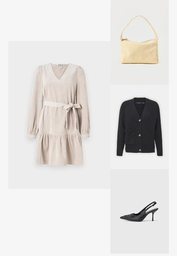 Sort cardigan lavet af blødt strikket stof, der har en V-hals, ribbede ærmer, frontlommer og fire store knapper.; Beige kordfløjlskjole med V-udskæring, lange puffærmer, taljeret liv og en flagrende nederdel. Inkluderer et stofbælte der bindes om livet.; Sorte læder slingback stiletto med spids tå, side spændebånd, nitter langs kanten og dekorativ snøring foran.; Lille beige læderhåndtaske med en enkelt rem og sølvnitter langs kanterne og remmen, sat mod en ensfarvet baggrund.