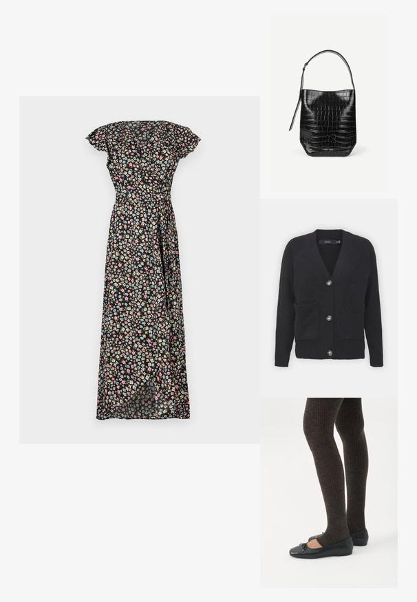 Cardigan noir en tissu tricoté doux, présentant un col en V, des poignets côtelés, des poches avant et quatre grands boutons.; Robe maxi noire à fleurs avec des manches courtes volantées, dotée d'une taille cintrée et d'une jupe fluide ornée de fleurs roses, bleues et beiges.; Jambes portant des leggings côtelés foncés associés à des ballerines noires avec de petits détails en nœud sur fond blanc.; Sac seau en cuir embossé noir façon croco avec une seule bandoulière et un petit logo argenté de la marque au centre en bas à l'avant.
