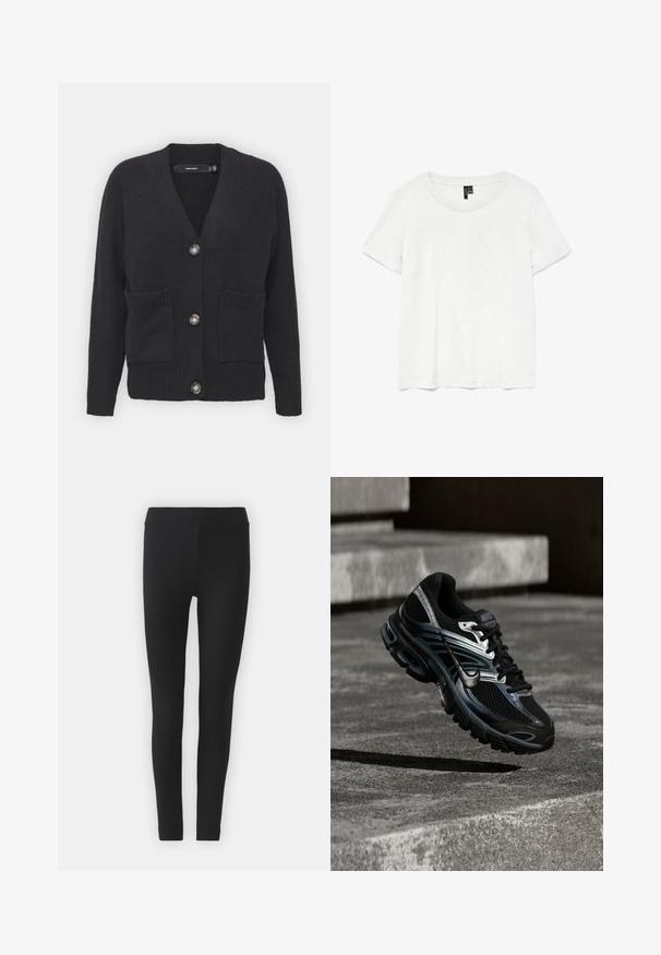 Cardigan noir en tissu tricoté doux, présentant un col en V, des poignets côtelés, des poches avant et quatre grands boutons.; T-shirt blanc à manches courtes avec un col rond, fabriqué en tissu léger. Design simple, texture lisse et ourlet droit.; Leggings noirs en tissu extensible avec une texture lisse, dotés d'une taille haute et d'un design ajusté.; Chaussure de running Nike noire et argent flottant au-dessus de marches en béton, montrant un design détaillé et une semelle texturée en extérieur.