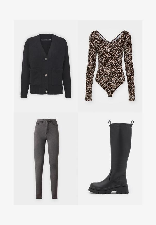 Sort cardigan lavet af blødt strikket stof, der har en V-hals, ribbede ærmer, frontlommer og fire store knapper.; Langærmet bodysuit med leopardprint, v-udskæring, blødt stof og en tætsiddende silhuet med høj skæring ved benet.; Høj talje, slim fit mørkegrå denim jeans med for- og baglommer, knaplukning og synlige syningsdetaljer.; Sorte knæhøje støvler lavet af glat læder med en kraftig sål og let hæl. Har trækflapper og elastiske sidepaneler for nem påføring.