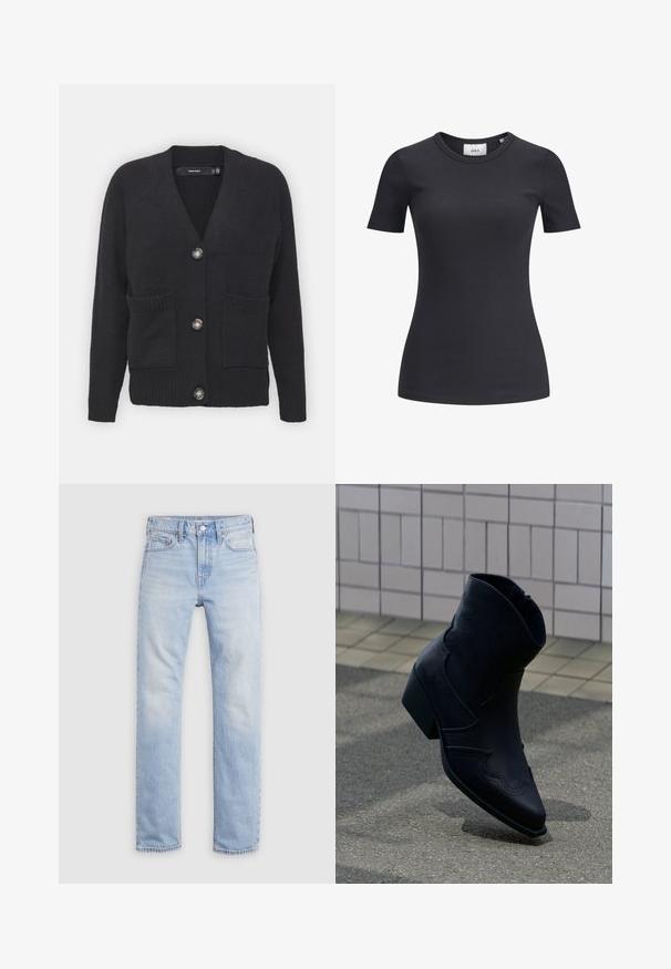 Cárdigan negro hecho de una suave tela de punto, con escote en V, puños acanalados, bolsillos frontales y cuatro botones grandes.; Camiseta negra de manga corta con cuello redondo. Fabricada con una tela suave y elástica, que presenta una textura sutil y una silueta ajustada.; Pantalones vaqueros de mezclilla azul claro con corte de pierna recta, cierre de botón y cremallera, diseño de cinco bolsillos y ligero desgaste en la tela.; Botín de cuero negro con tacón bajo, costuras decorativas y punta afilada, colocado de pie sobre una superficie pavimentada junto a una pared con azulejos.